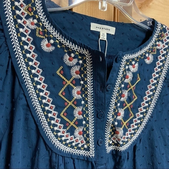 Max Studio Indigo Blue Boho Embroidered Peasant Flowy Blouse, XS - Picture 2 of 12
